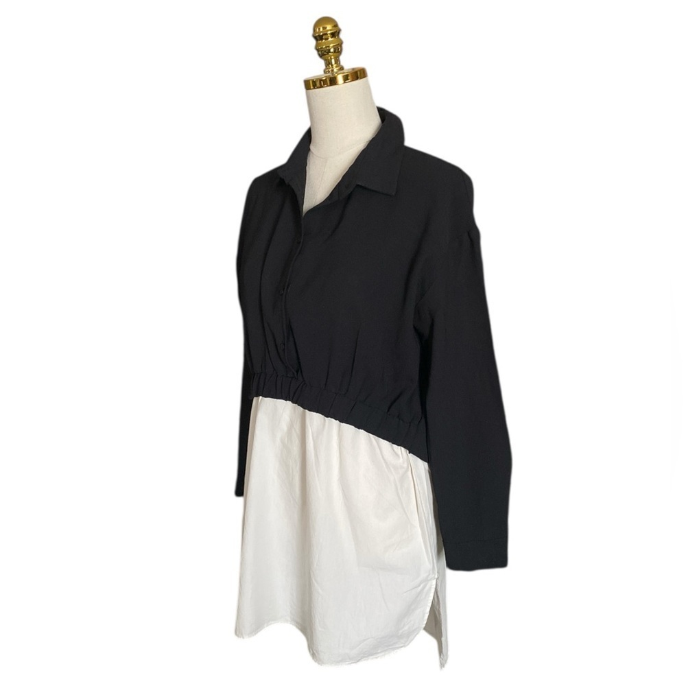 Zara Black Contrasting White Layered 1/2 Button Down Oversized Shirt Size S - Picture 3 of 5